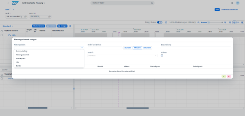 Screenshot der grafischen Plantafel mit einem geöffneten Pop-up-Fenster zum Anlegen eines Planungselements.