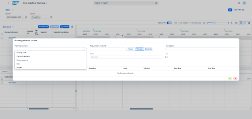 Screenshot of the graphical planning board with an open pop-up window for creating a planning element.