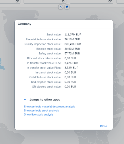 Detailed breakdown of stock values per country. Option to jump to three other apps.