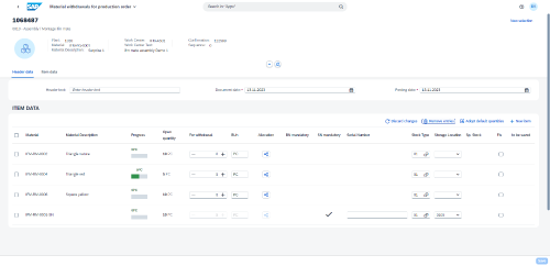 Screenshot: new Fiori app for carrying out material withdrawals for the production order