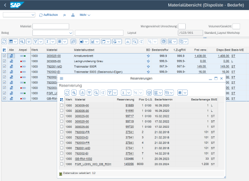 Screenshot: Dispoliste mit Detailfenster für Reservierungen