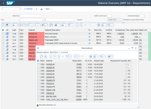 Screenshot: Dispolist with detail window for reservations