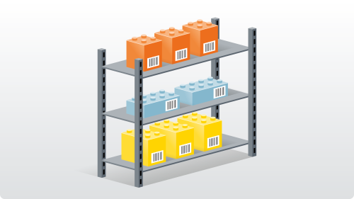 A shelf with coloured bricks marked with a barcode, as a symbol for inventory management.