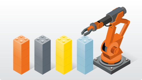 Grafik eines orangefarbenen Industrieroboterarms, der farbige Klemmbausteine (orange, grau, gelb und blau) stapelt und den Prozessbereich Manufacturing symbolisiert.