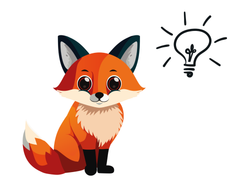 llustration eines Fuchses mit einer schwarzen Glühbirne neben dem Kopf, die den SchlauFOX, das Maskottchen der KI-basierten ifm-Lösung Factory Optimization Excellence (FOX), darstellt, dem ein Licht aufgeht.