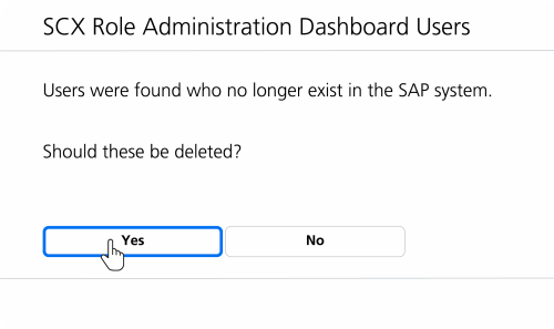 Pop-up window to confirm the deletion of inactive users in the SCX user administration.