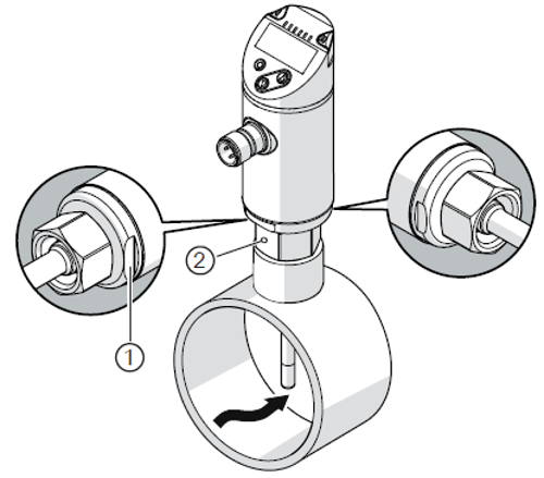 SA flow sensor installed in a pipe with callouts for reference locations